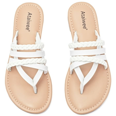 Ataiwee Women s Flat Slide Sandals  Fashion Strappy Braided Slip On Flat Summer Shoes.