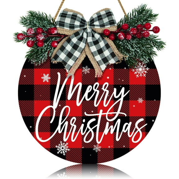 Wooden Christmas wreath, merry Christmas welcome sign, buffalo plaid winter decor, 12 inch rustic door hanger, porch window wall hanging, red