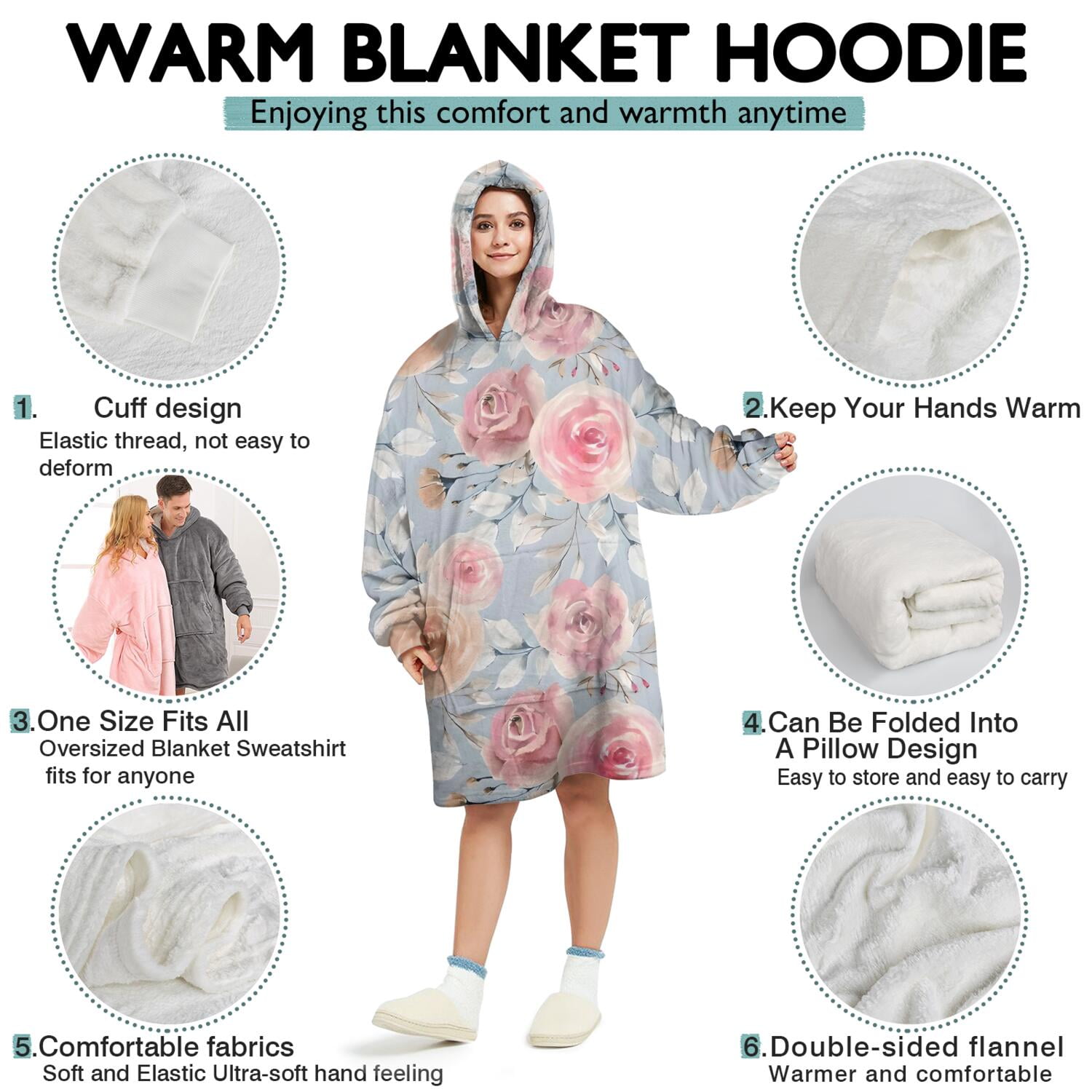 Wearable Oversized Blanket,Pioneer Flower Floral Print Pattern Wearable Blanket Hoodie for Adults,Cozy Hooded Blankets with Super Pockets,Super Warm Fuzzy Pullover for Women & Men