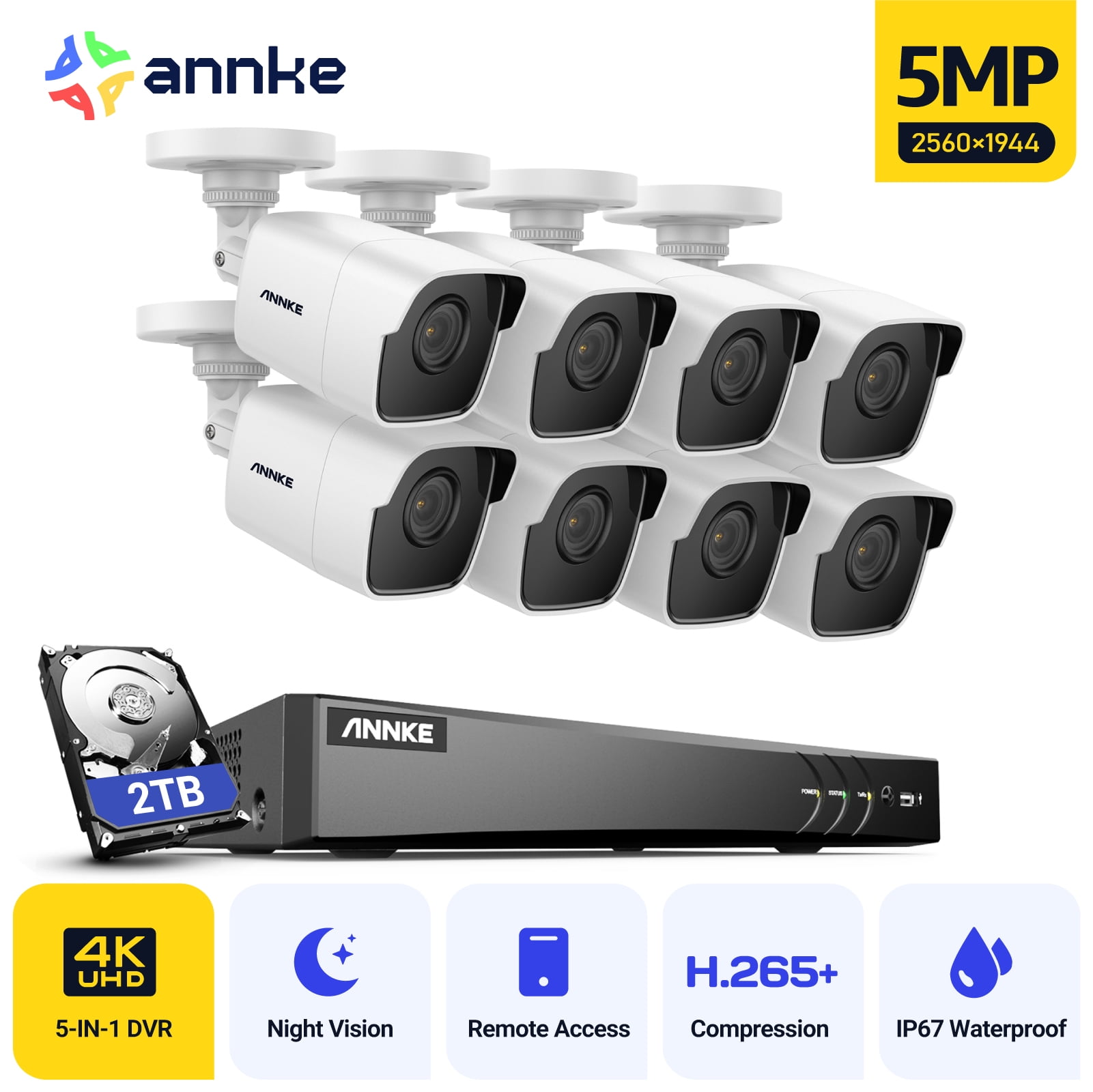 ANNKE H.265+ 3K 8CH Home Security Camera System, 5-in-1 4K DVR and 8X 5MP CCTV Outdoor Bullet Cameras, IP67 Weatherproof, AI Human/Vehicle Detection, 100ft Night Vision, Smart IR, Work with Alexa, 2T