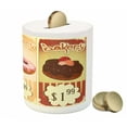 thumbnail image 3 of Vintage Piggy Bank, Bakery of Delicious Pastries Deserts Doughnuts and Cakes with Price Tags Pattern, Ceramic Coin Bank Money Box for Cash Saving, 3.6" X 3.2", Multicolor, by Ambesonne, 3 of 4