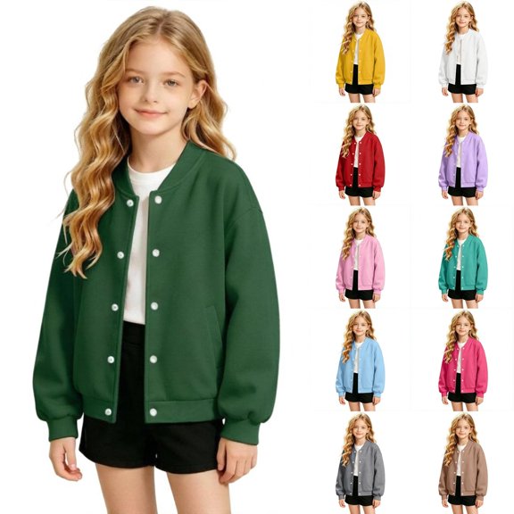 Mitankcoo Girls Baseball Jacket Fleece Lined Snap Button Coat Loose Casual Kids Warm Outerwear with Pockets 4-15Y