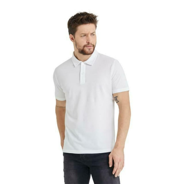 Men's Polo Performance Quick Dry Soft 2-Button Solid Short Sleeve Cotton T-Shirt (L, White)