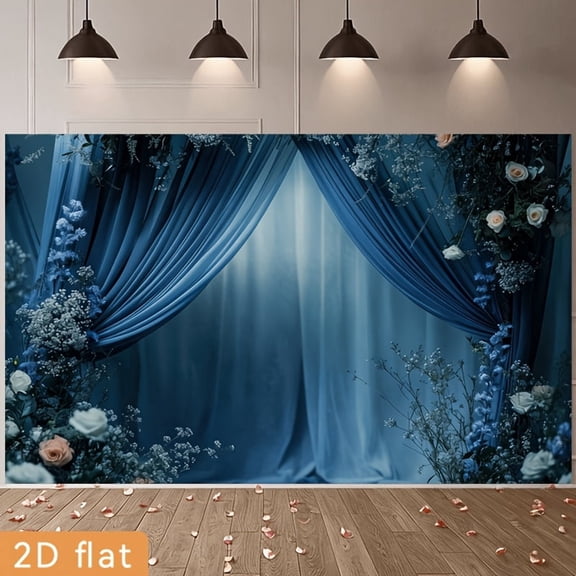 Enchanting Dark Blue Wedding Backdrop Blue White Curtain Bridal Shower Background Rose Floral Birthday Graduation Party Decorations Banner Supplies Photo Booth Props