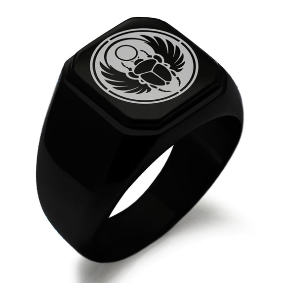 Stainless Steel Scarab Beetle Sun Ring Engraved Square Flat Top Biker Style Polished Signet Ring