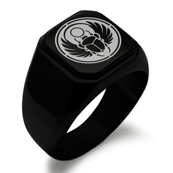 Stainless Steel Scarab Beetle Sun Ring Engraved Square Flat Top Biker Style Polished Signet Ring