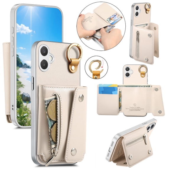 Corliven for Samsung Galaxy A07 Case, PU Leather PC TPU Wallet Back Cover with Card Pocket and Cash Slot, Beige
