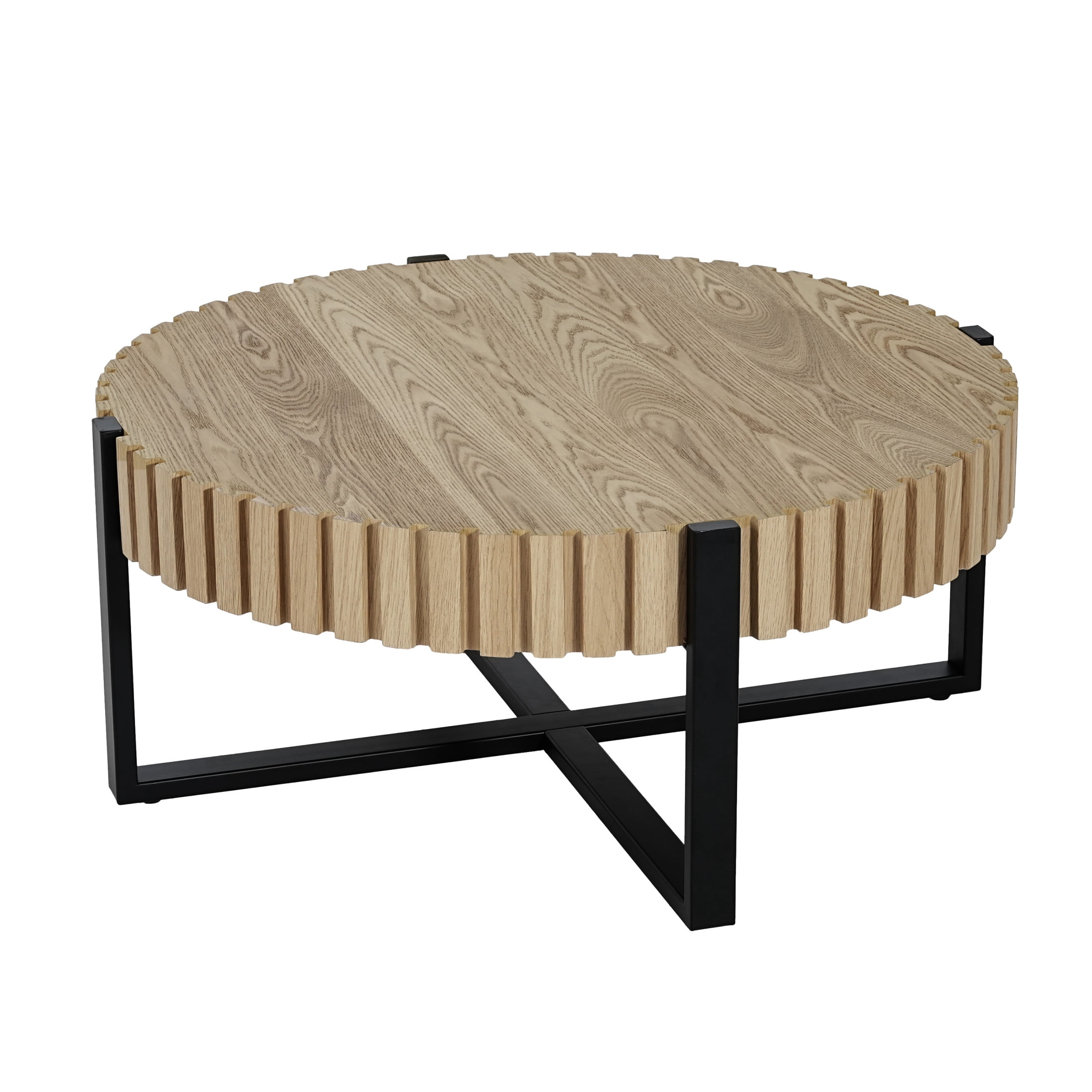 Christopher Knight Home 31" Round Coffee Table with Gear Design, Cross Metal Base, Black+Natural