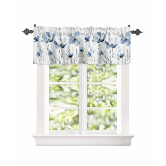 Window Valance for Kitchen,Romantic Blue Flowers Leaves on White Rod Pocket Curtain Valances Short Curtains Drapes Panel,Watercolor Botanical Window Treatment Topper for Bathroom Bedroom,54x18IN