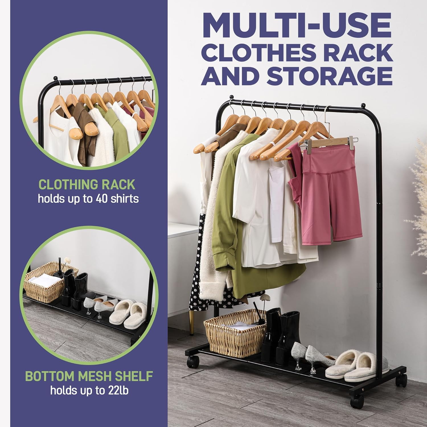 Lifemaster Metal Clothes Rack, Pack of 2 – Rolling Garment Racks with Wheels, Easy Assembly & Ample Hanging Storage – Black