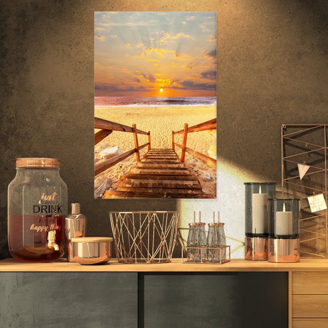 Promenade en Bois Marron sur la Plage - Impression sur Toile Pont