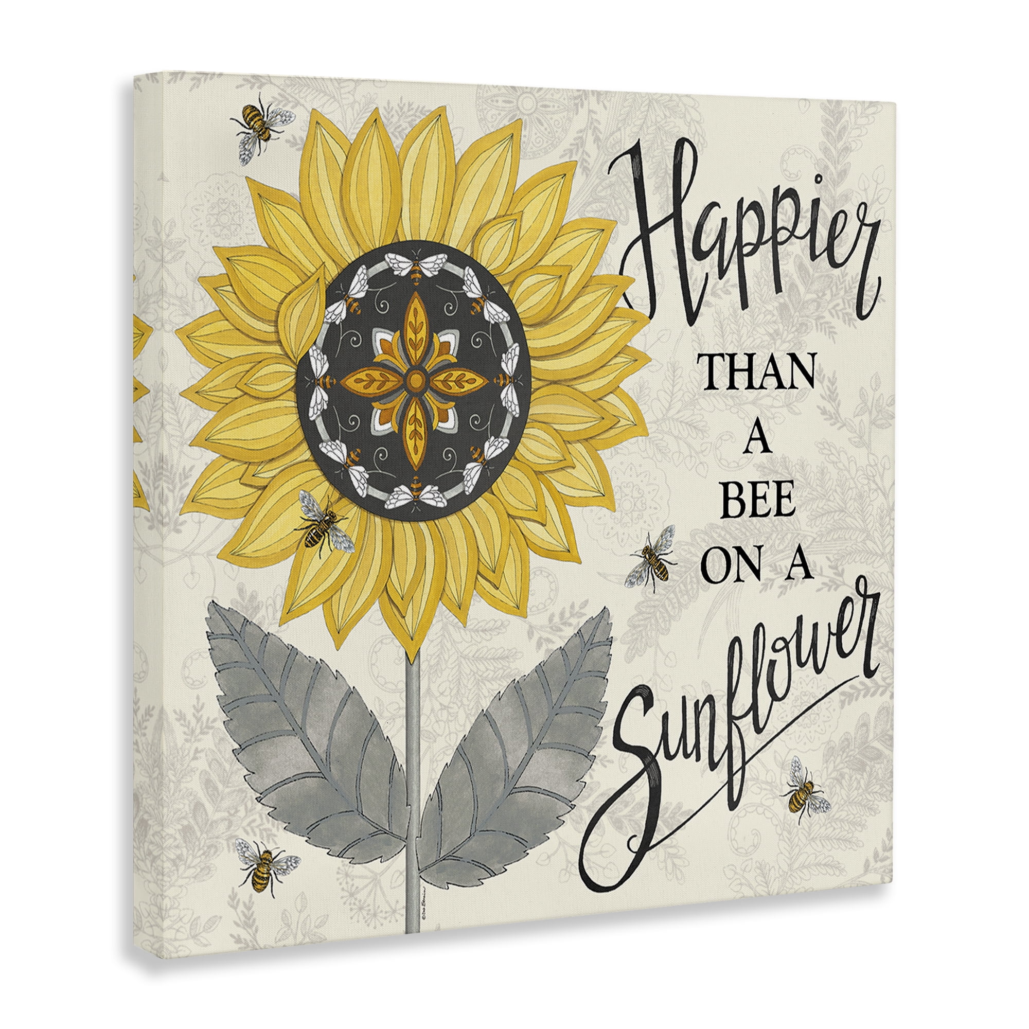 Stupell Industries Happier Than Bee & Sunflower Plants & Flowers Painting Wrapped Canvas Art Print Wall Art, 17 x 17