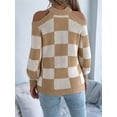 thumbnail image 5 of Women'S Color Block Checkered Off-Shoulder Long Sleeve Y2K Plaid Knitted Pullover Sweater Tops Vintage Sweater Khaki M, 5 of 8