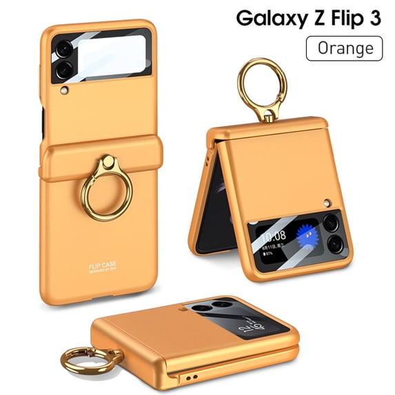 SaniMore Case for Samsung Galaxy Z Flip 3 6.7" 2021, Hinge Protection All-inclusive 360 Degree Rotating Metal Ring/Kickstand Wireless Charigng Lens Film Folding Case for Galaxy Z Flip 3, Orange
