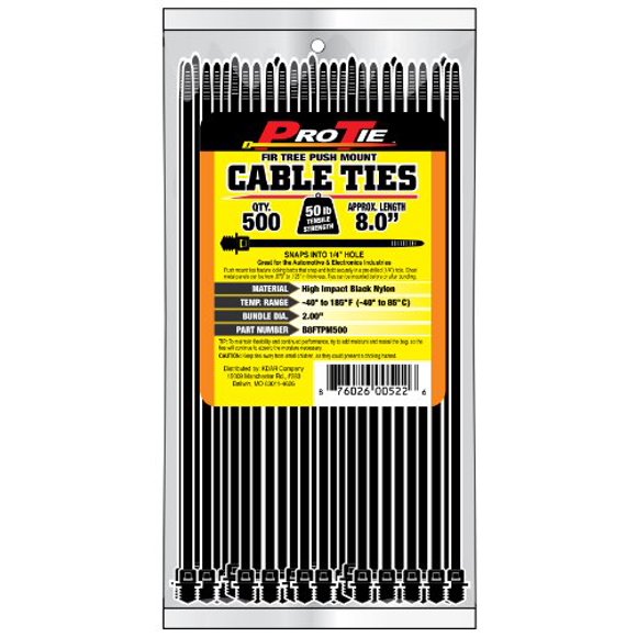 Pro Tie B8FTPM500 8-Inch Fir Tree Push Mount Cable Tie, UV Black Nylon, 500-Pack