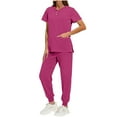 thumbnail image 2 of YOIAVAIOY Womens Scrubs 2 Piece Set Short Sleeve V Neck Top Elastic Waist Jogger Pants Set Nurse Uniform Scrubs Workwear Hot Pink M, 2 of 10