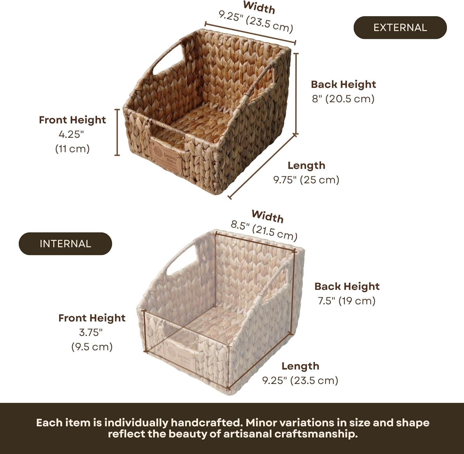 JAVANTI KAYU - Handmade Water Hyacinth Wicker Pantry Organizer Bin – Slanted Front Storage Basket for Kitchen, Shelves, Closet, Food & Snack – Natural, Durable, Decorative (1, 10" x 9" x 8")