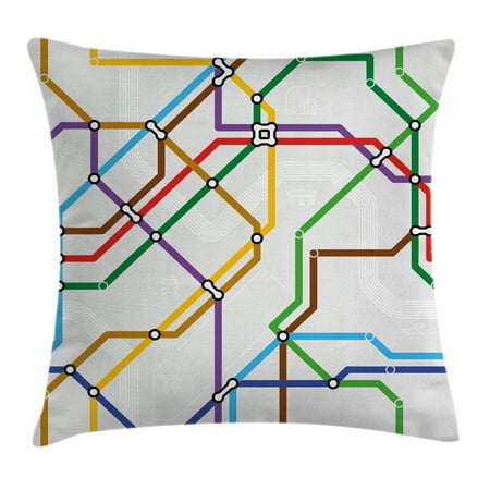 Railroaded Stripe - Map Throw Pillow Cushion Cover, Stripes in Vibrant Colors Metro Scheme Subway Stations Abstract Railroad Transportation, Decorative Square Accent Pillow Case, 24 X 24 Inches, Multicolor, by Ambesonne
