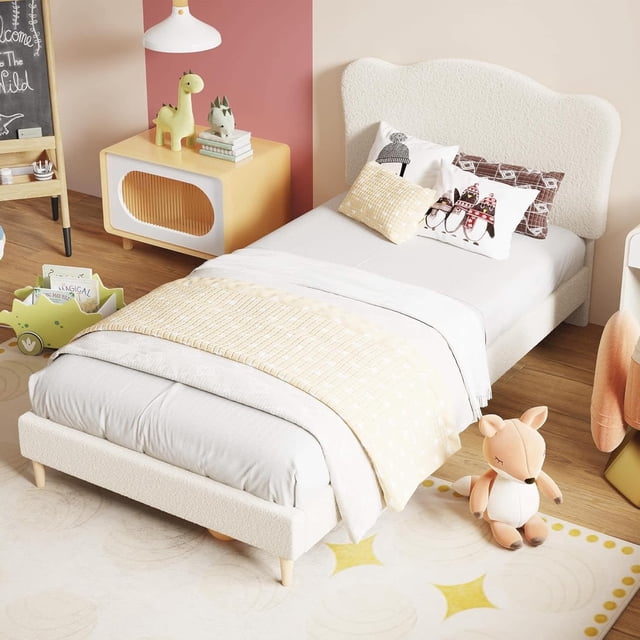 Tamaño completo - size forrado cama platform con adjustable cabecero, wood slats, no necesita colchón base, beige