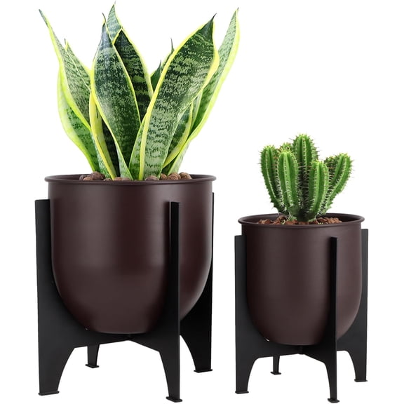 TRIROCKS Set of 2 Planters with Stand Indoor Outdoor Metal Plant Stand 11 &8.5" H Modern Planters Flower Pots for Living Room Corner Kitchen Office Garden Balcony Patio Decor (Brown)