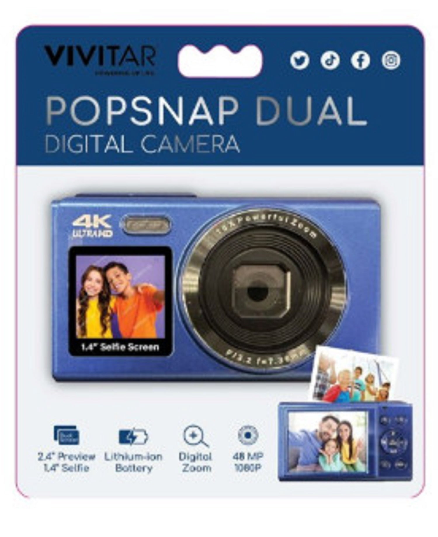 Vivitar PopSnap Dual Digital Camera, 48MP 4K Ultra HD, 16X Digital Zoom, Dual Screens, Rechargeable Battery- NAVY