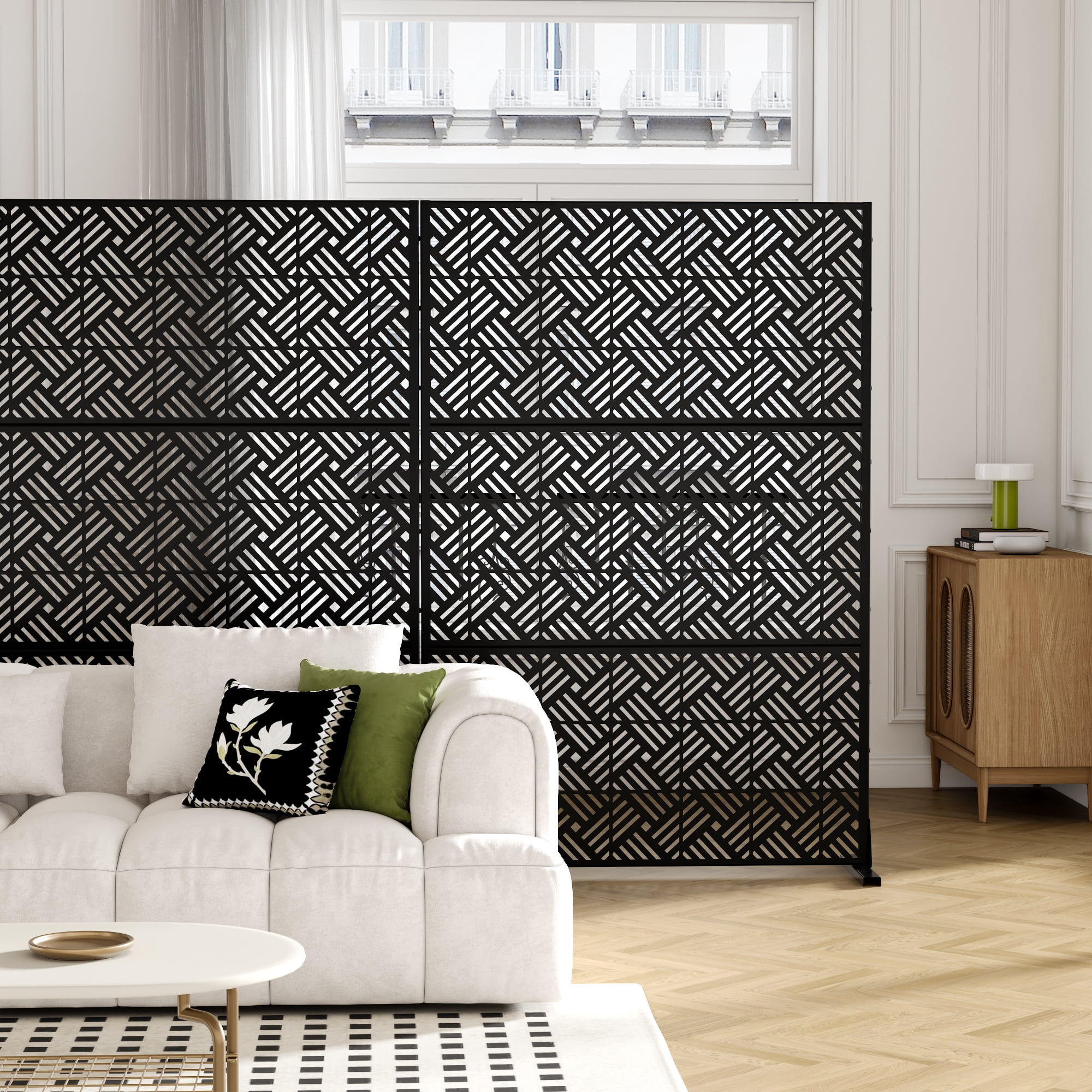 MAYEERTY 72*47" Outdoor Black Metal Freestanding Sheet Privacy Panel Screen for Patio, Woven Pattern