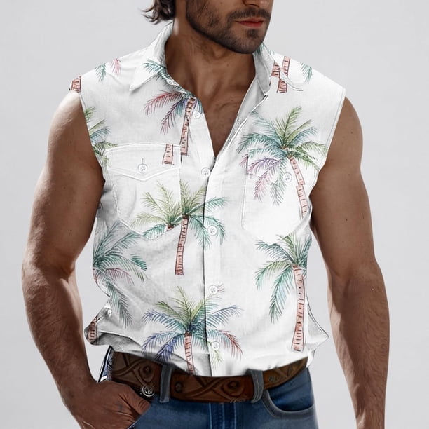Camiseta sin mangas con cuello vuelto para hombre, estilo informal, a la moda, con estampado, cuello vuelto, sin mangas, bolsillos, deportiva, de poliéster