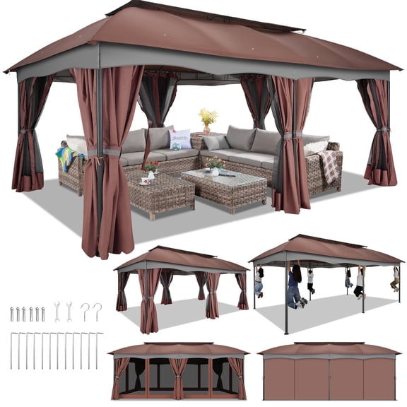HOTEEL 12x20 Heavy Duty Outdoor Gazebo with Mosquito Netting and Curtains, Canopy Tent Deck Gazebo with Double Roofs and Metal Steel Frame for Party, Backyard, Deck, Garden, Brown