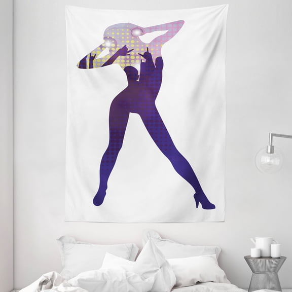 Rave Tapestry, Silhouette of Dancing Young Lady in High Heel Shoes Purple Disco Image Built-in Design, Wall Hanging for Bedroom Living Room Dorm Decor, 60"W X 80"L, Multicolor, by Ambesonne