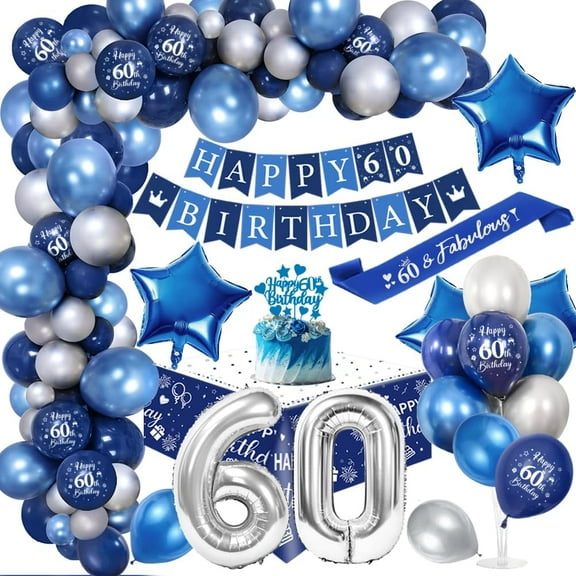 YANSION 60th Birthday Decorations for Men, Navy Blue Silver 60th Birthday Decorations 60th Happy Birthday Banner, Number 60 Printed Balloons Blue Silver Decor for 60 Year Old Birthday Party
