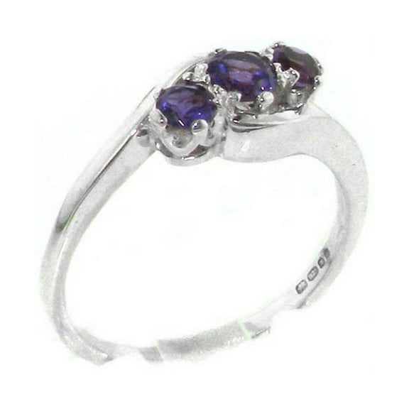 LBG British Made 10k White Gold Natural Amethyst Womens Trilogy Ring - 33 size options - Size 10