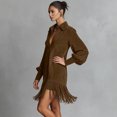 thumbnail image 6 of BLTIBY Womens Suede Mini Dress Spring Long Puff Sleeve Deep V Neck Lapel Fringe Hem Loose Dresses Retro Western Party Casual Dress Brown XL, 6 of 7