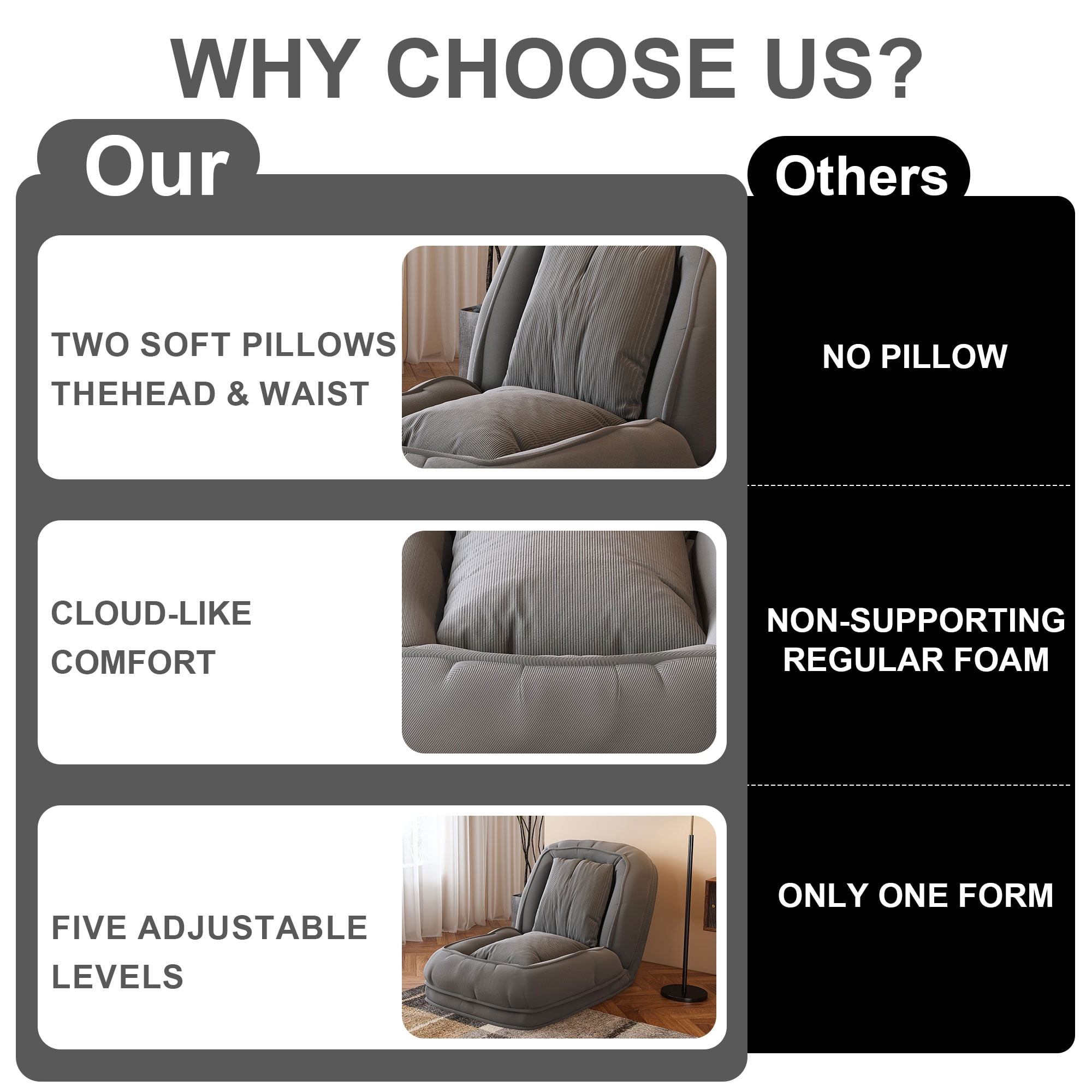 Miniyam Adjustable Folding Floor Chair Convertible Sofa Bed in Corduroy for Living Room Bedroom, Gray