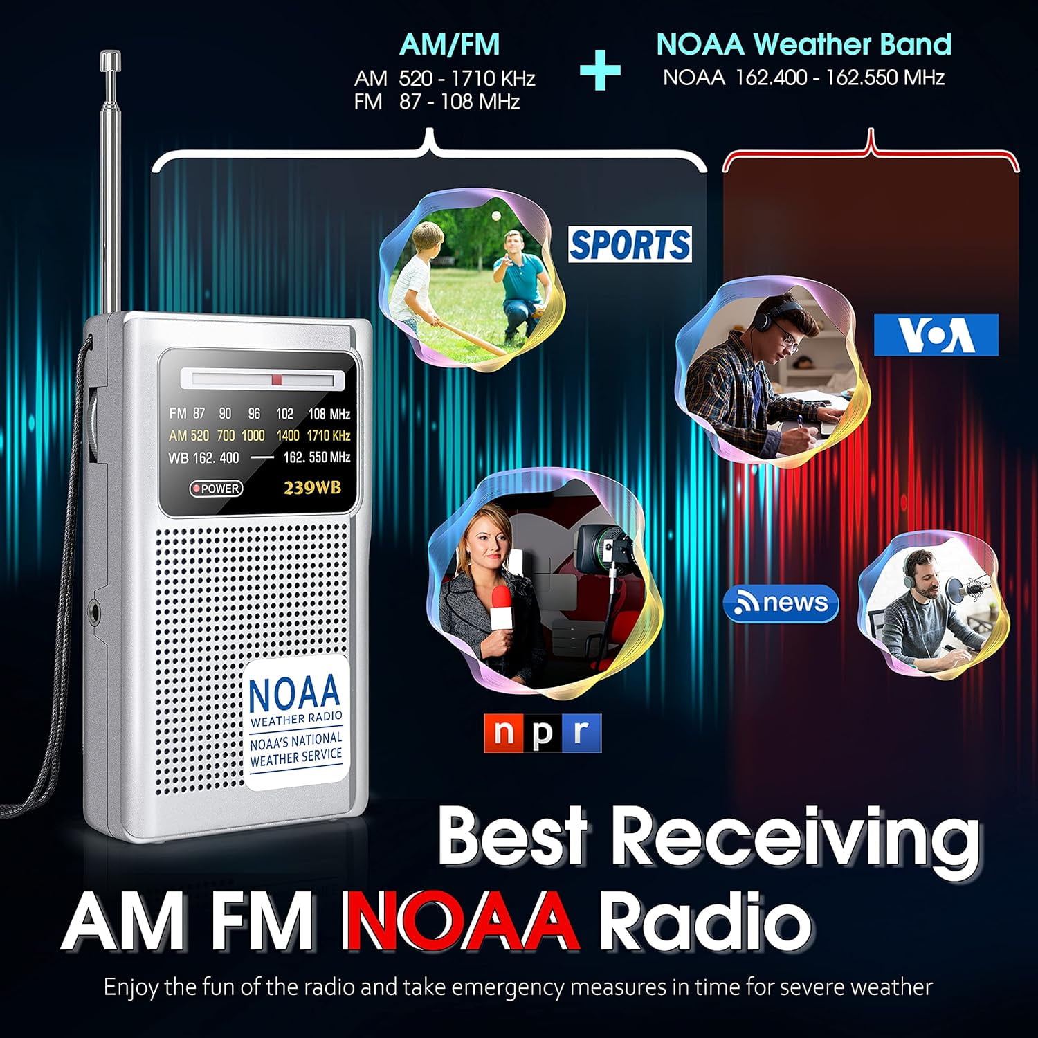 NOAA Weather Radio, AM/FM Battery Operated Transistor Portable Radio with Best Reception,Stereo Earphone Jack,Powered by 2 AA Battery for Emergency,Hurricane,Running, Walking,Home (Silver)