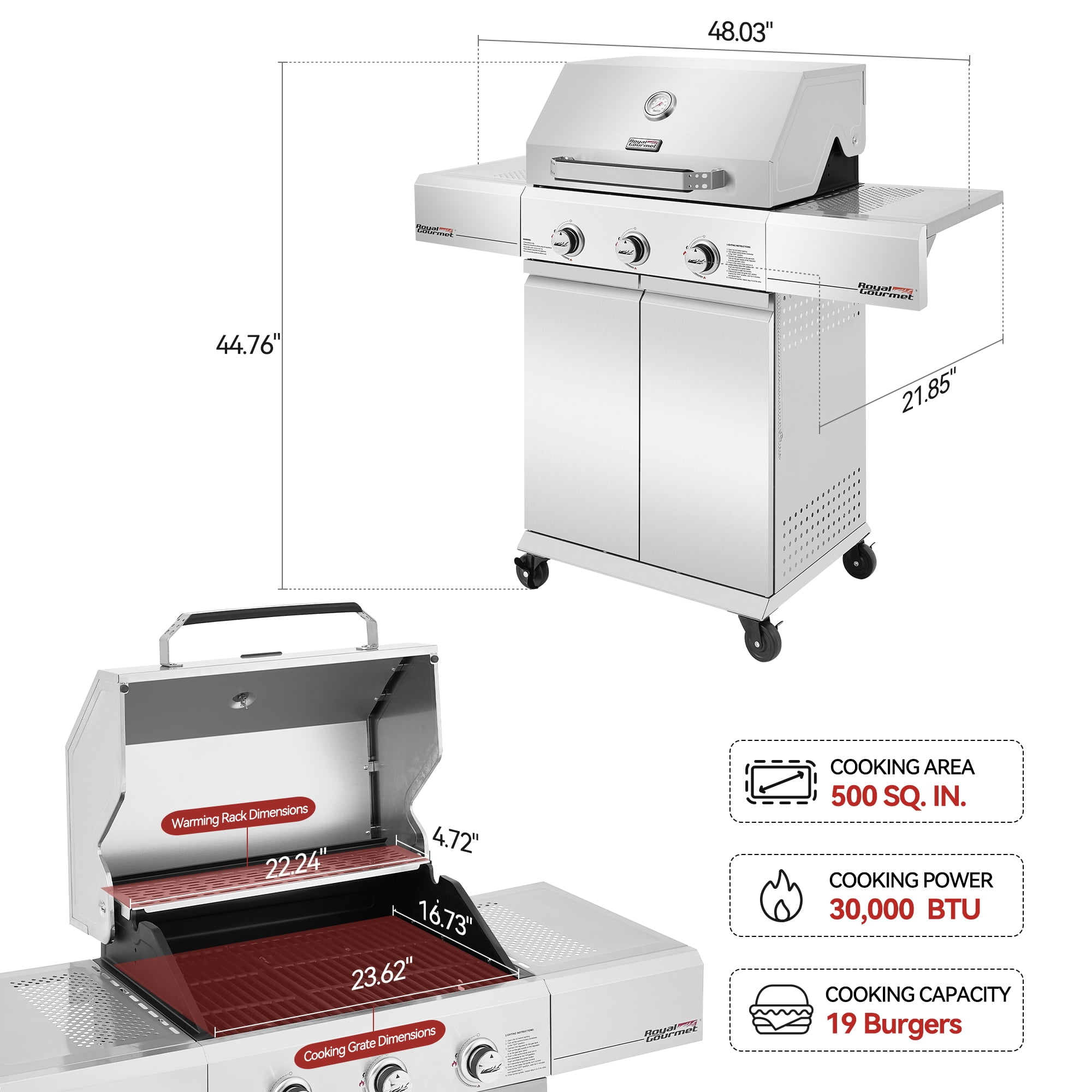 Royal Gourmet SG3002S Premium Stainless Steel 3-Burner Gas Grill, Cabinet Style Grill with Side Shelves, Silver
