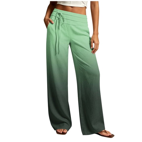 Womens Wide Leg Pants Gradient High Waisted Palazoos for Women Drawstring Waist Straight Leg Pants with Pockets Cotton Linen Flowy Summer Pants