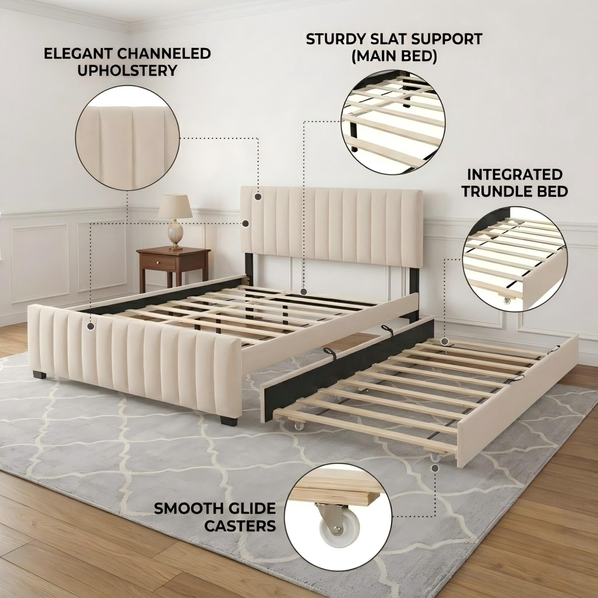 Aukfa Queen Size Upholstered Bed Frame with Twin XL Trundle, Velvet Tufted Headboard & Footboard, Beige