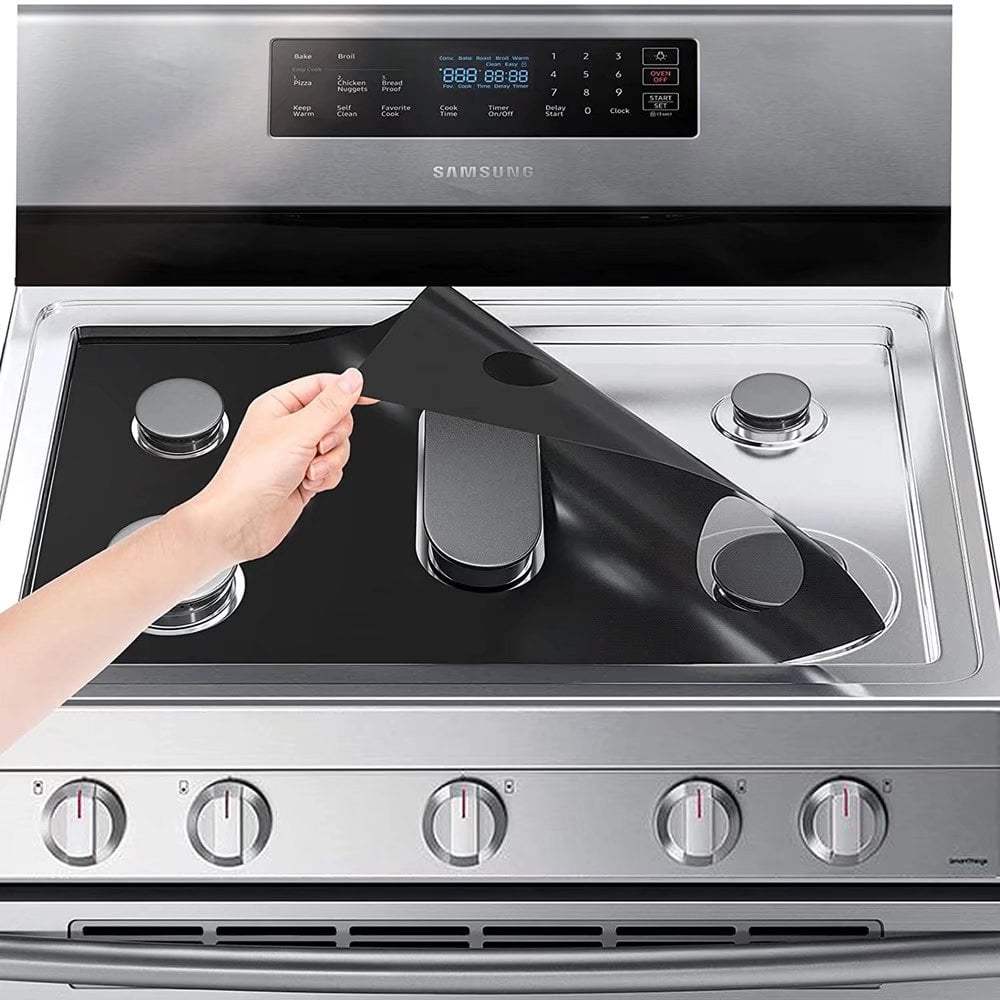 Reusable Gas Stove Hob Protectors Burner Covers Microwave Oven Liners Universal Non-Stick Teflon Sheets Heavy Duty Washable Removable Black Silver Black, 8 
