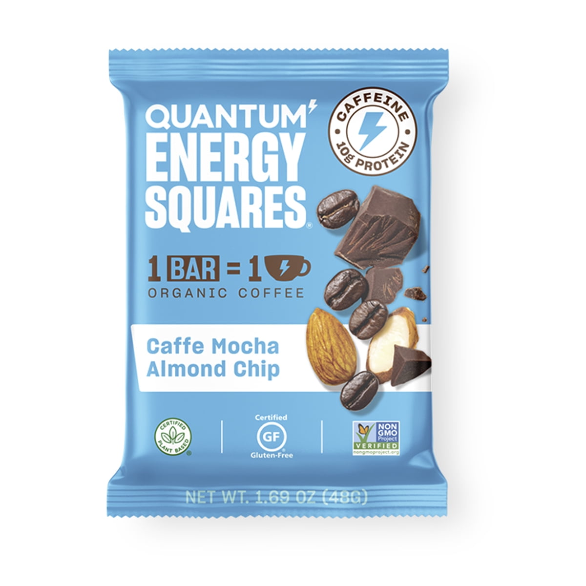 Quantum Energy Square Caffeine & Protein Bar, Caffe Mocha Almond Chip, 8 Bars, 1.69 oz (48 g) Each