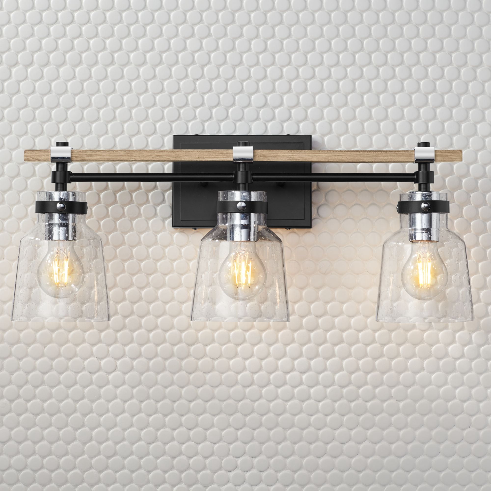 Possini Euro Design Broadway Modern Industrial Wall Light Black Faux Wood Hardwire 23" 3-Light Fixture Clear Seedy Glass for Bedroom Bathroom Vanity