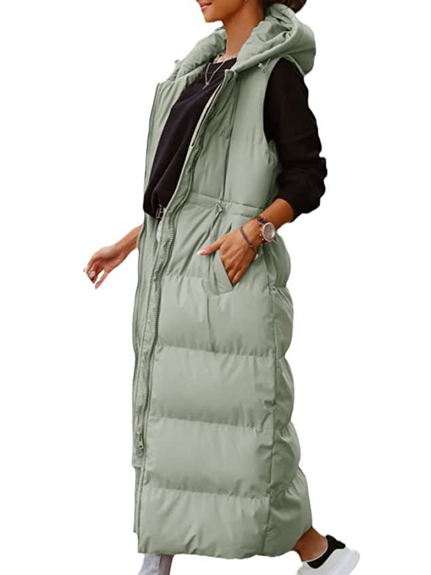 Frontwalk Women Long Quilted Vest Hooded Maxi Length Sleeveless Puffer