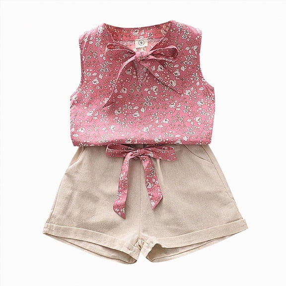 Summer Girls Outfits Toddler Girl Sleeveless Bow Tie Floral Top and Solid Color Pocketed Shorts with Belt Fashion Set Pink 4 Years