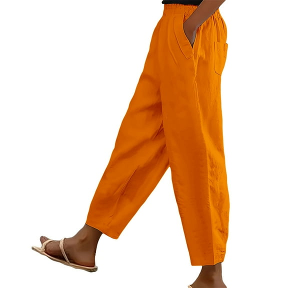 Jxximdong Cargo Pants for Women, Pocket Cotton Linen Fashion Solid Color Pants Slim Casual Long Pants, Orange Womens Casual Trousers