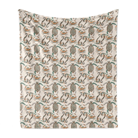Animal Soft Flannel Fleece Throw Blanket, Lizards Turtles and Crabs in Orient Details, Cozy Plush for Indoor and Outdoor Use, 50" x 60", Eggshell Multicolor, by Ambesonne