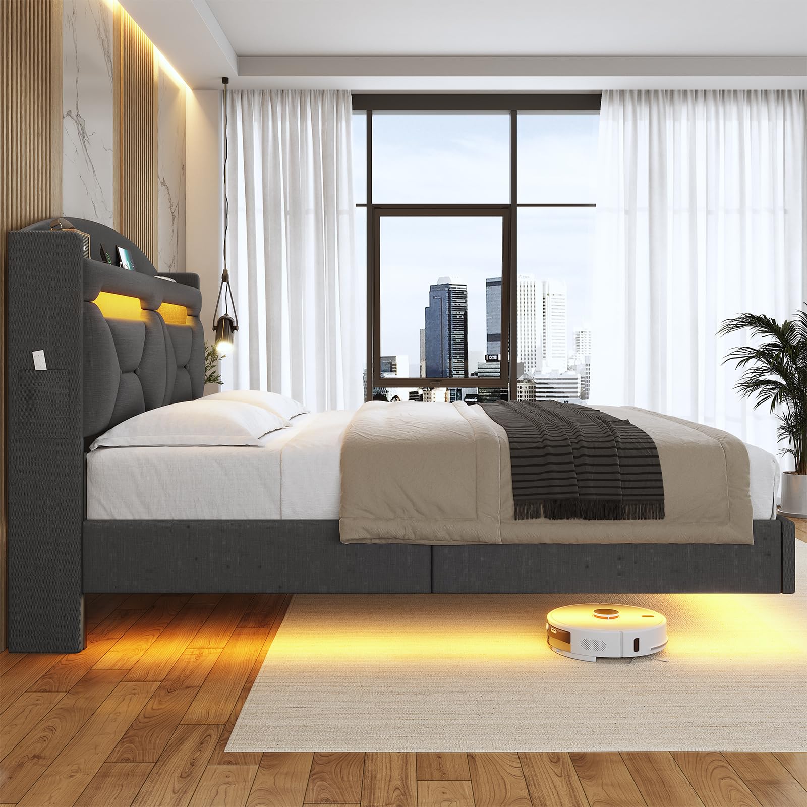 Afuhokles Floating Bed Frame Full Size with Charging Station, Storage Headboard, LED Upholstered Platform Bed, Dark Gray