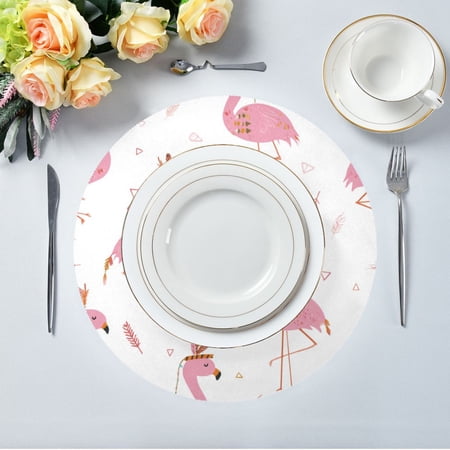 15.4 Round Placemat Set of 4 Polyester Fabric Place Mats Non-Slip Dining Kitchen Table Mats for Kitchen Party Decor Cute Pink Flamingo Pattern