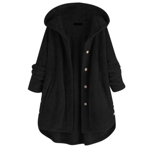 Women Fleece Irregular Long Sleeve Button Pocket Hooded Coat