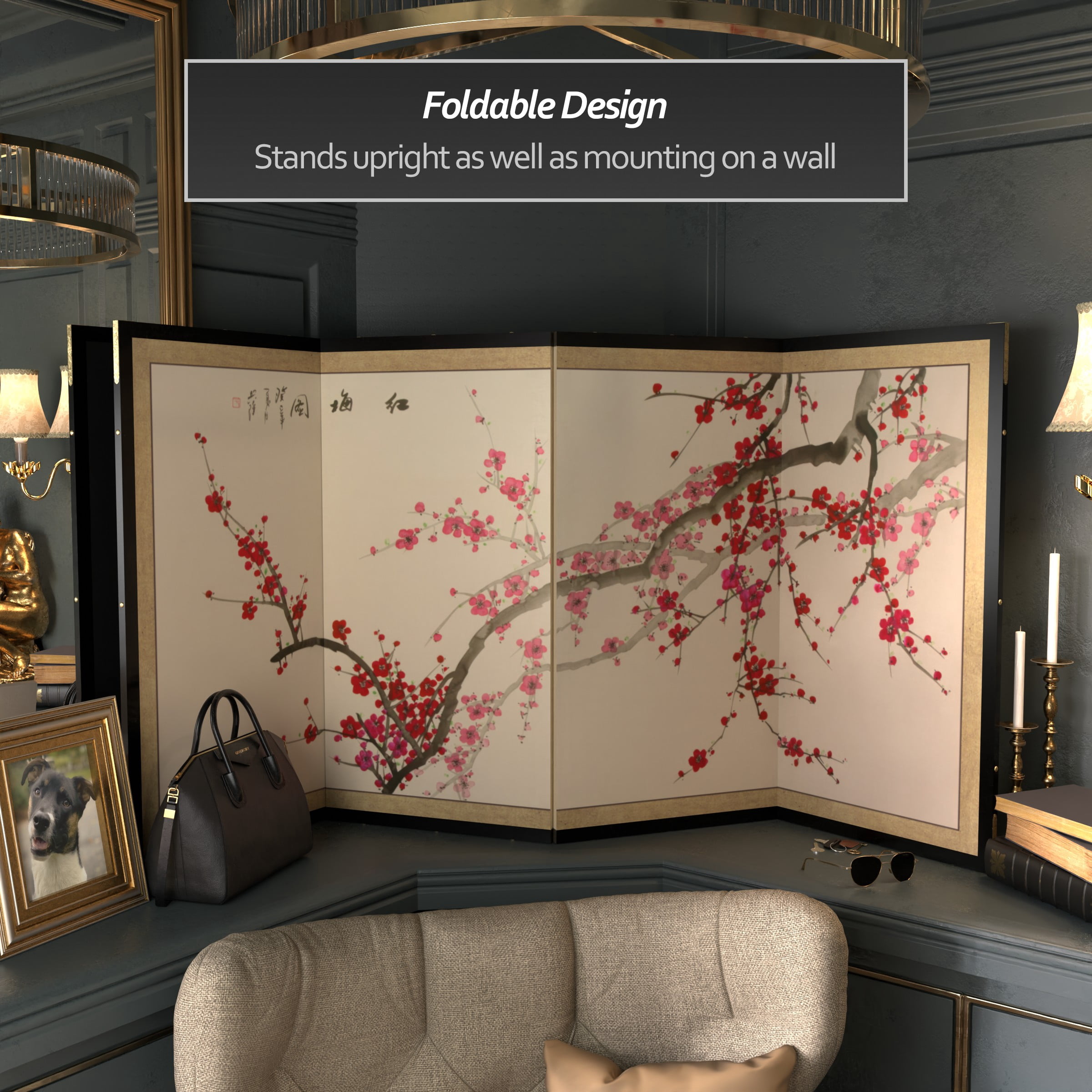 6ft. Long Handpainted Chinese Silk Wall Art Screen - Plum Tree Blossoms