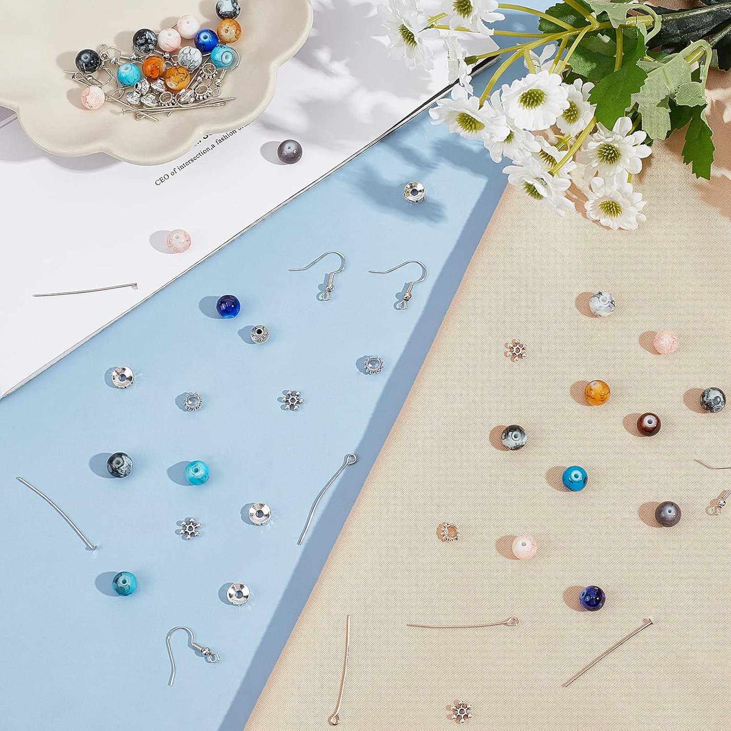 1 Box 200Pcs 10 Colors 8mm Glass Beads Jewellery Making Kit 150Pcs Alloy Loose Spacer Bead with Beading Needle Earring Hooks Elastic Thread Steel Scissors for DIY Jewelry Making Multi-color