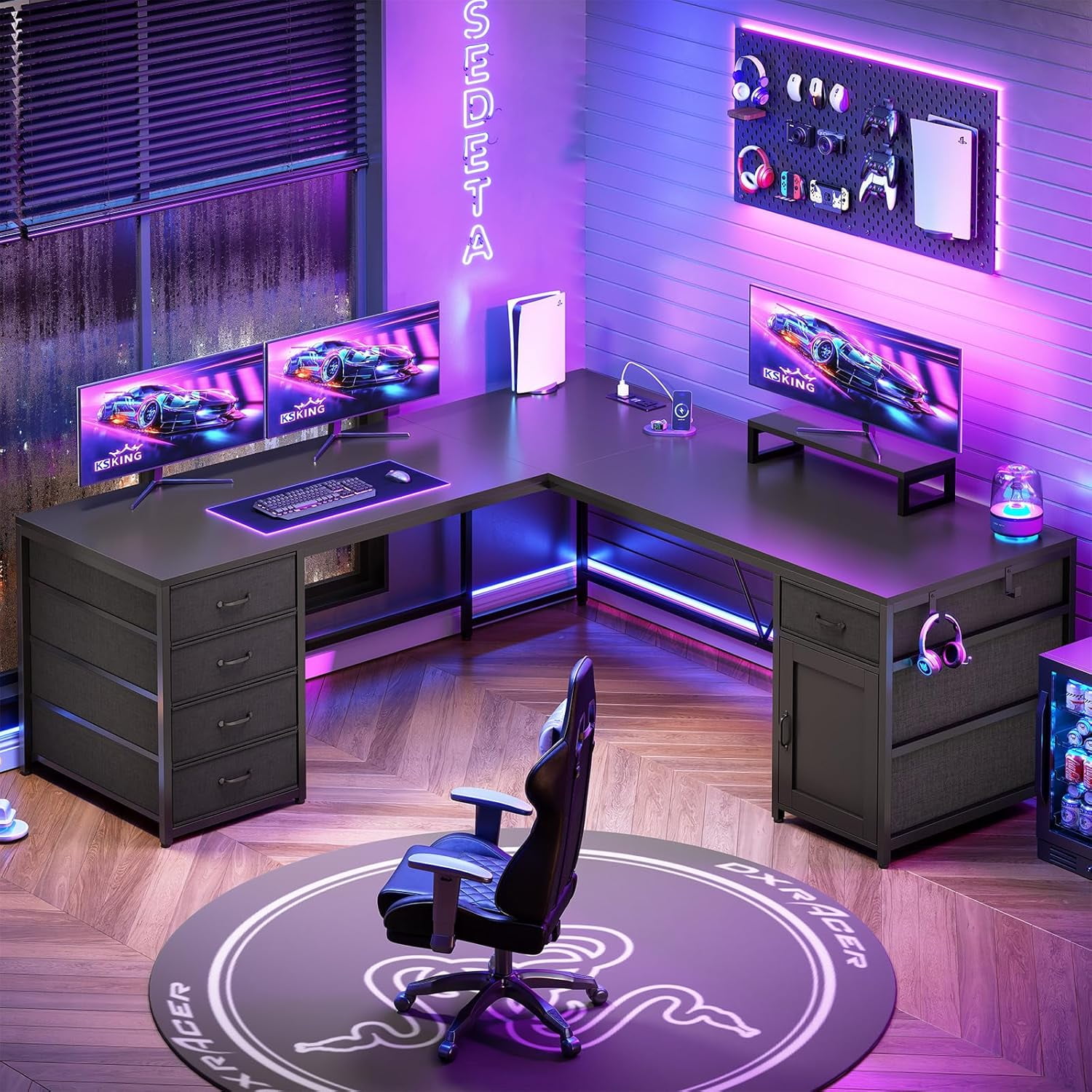 SEDETA L Shaped Desk, 63'' Computer Desk with 5 Drawer & Power Outlet, Long Home Office Desk or Corner Desk, Corner Desk with Monitor Shelf, Storage Cabinet, Black